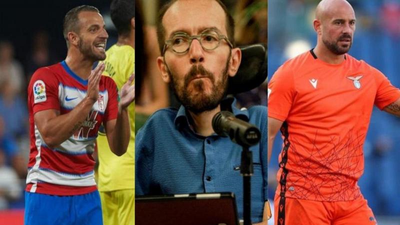 Los futbolistas Roberto Soldado y Pepe Reina y el diputado de Unidas Podemos, Pablo Echenique