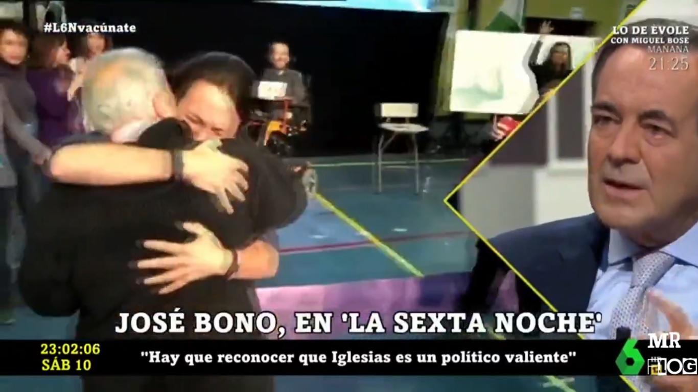 Pablo Iglesias y Anguita abrazándose (izquierda) y José Bono. Fuente: laSexta Noche.
