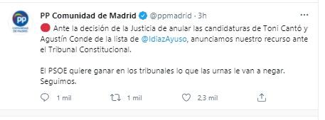 Mensaje del PP sobre la decisión de la Justicia de eliminar a Cantó y Conde de las listas del PP