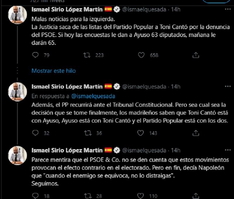 Tuit de Ismael Sirio López criticando al PSOE por su recurso contra Toni Cantó