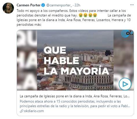 Tuit de Carmen Porter sobre el vídeo de Podemos
