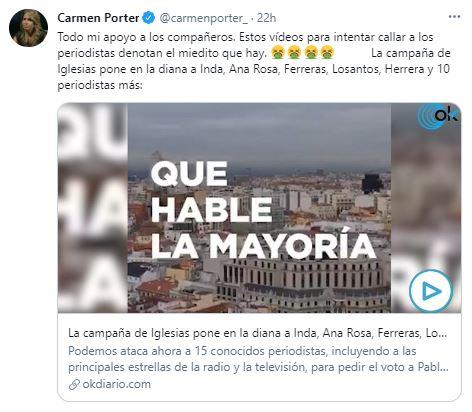 Tuit de Carmen Porter sobre el vídeo de Podemos Tuit de Carmen Porter sobre el vídeo de Podemos