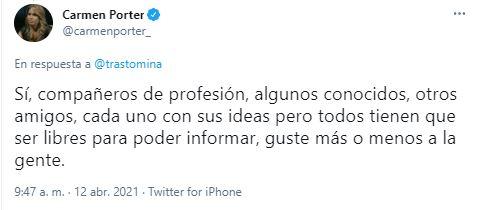 Carmen Porter responde a un usuario que censuró sus críticas al vídeo de Podemos