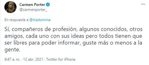 Carmen Porter responde a un usuario que censuró sus críticas al vídeo de Podemos Carmen Porter responde a un usuario que censuró sus críticas al vídeo de Podemos