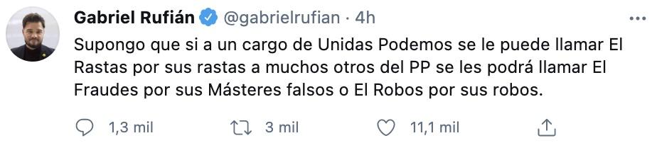 Tuit de Rufían sobre Alberto Rodríguez Tuit de Rufían sobre Alberto Rodríguez