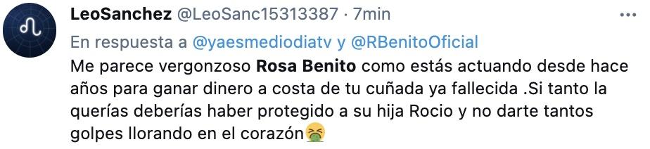 Tuit sobre la actitud de Rosa Benito