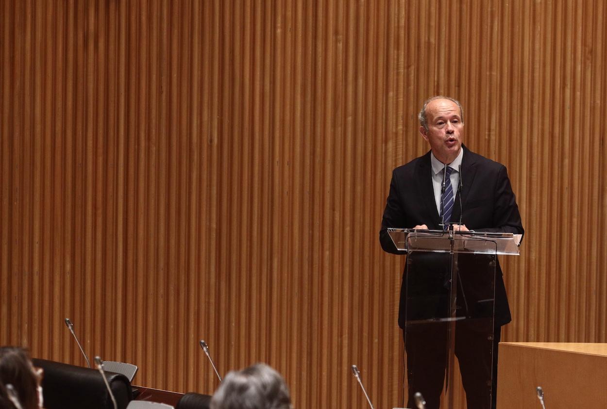 El ministro de Justicia, Juan Carlos Campo, interviene durante un acto en recuerdo de Landelino Lavilla, en el Congreso de los Diputados