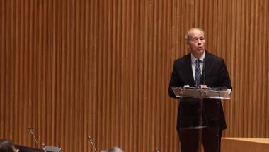 El ministro de Justicia, Juan Carlos Campo, interviene durante un acto en recuerdo de Landelino Lavilla, en el Congreso de los Diputados