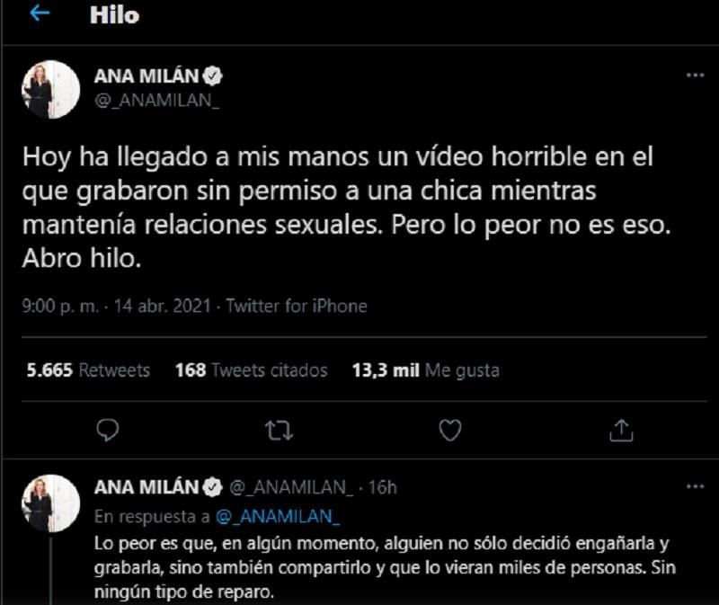 Tuit de Ana Milán sobre la difusión de contenido sexual en las redes