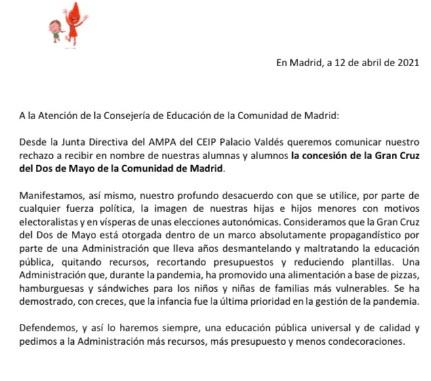 Carta del AMPA del CEIP Palacio Valdés de Madrid Carta del AMPA del CEIP Palacio Valdés de Madrid
