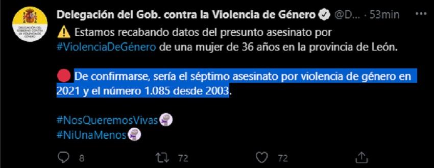Tuit de la Delegación del Gobierno contra la Violencia de Género Tuit de la Delegación del Gobierno contra la Violencia de Género