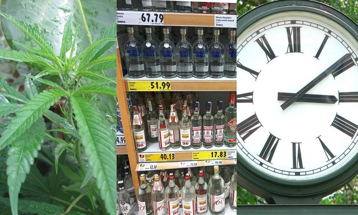Hoja de marihuana, botellas de alcohol y reloj