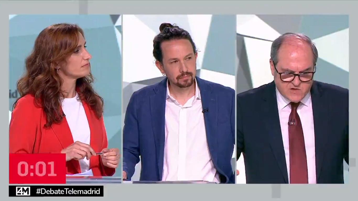 Mónica García, Pablo Iglesias y Ángel Gabilondo en el debate electoral de Telemadrid