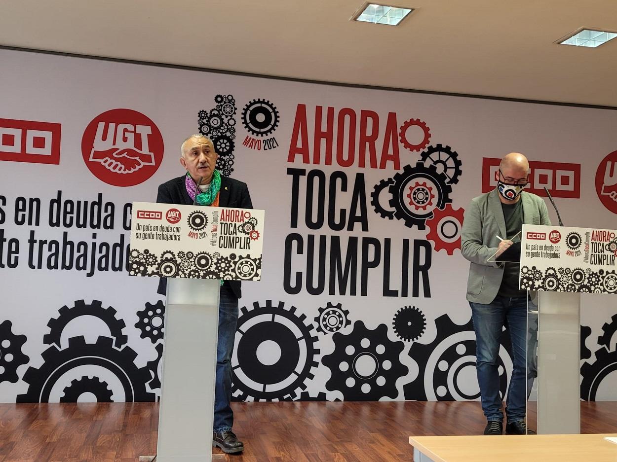Pepe Álvarez (UGT) y Unai Sordo (CCOO) en la presentación del Primero de Mayo. UGT
