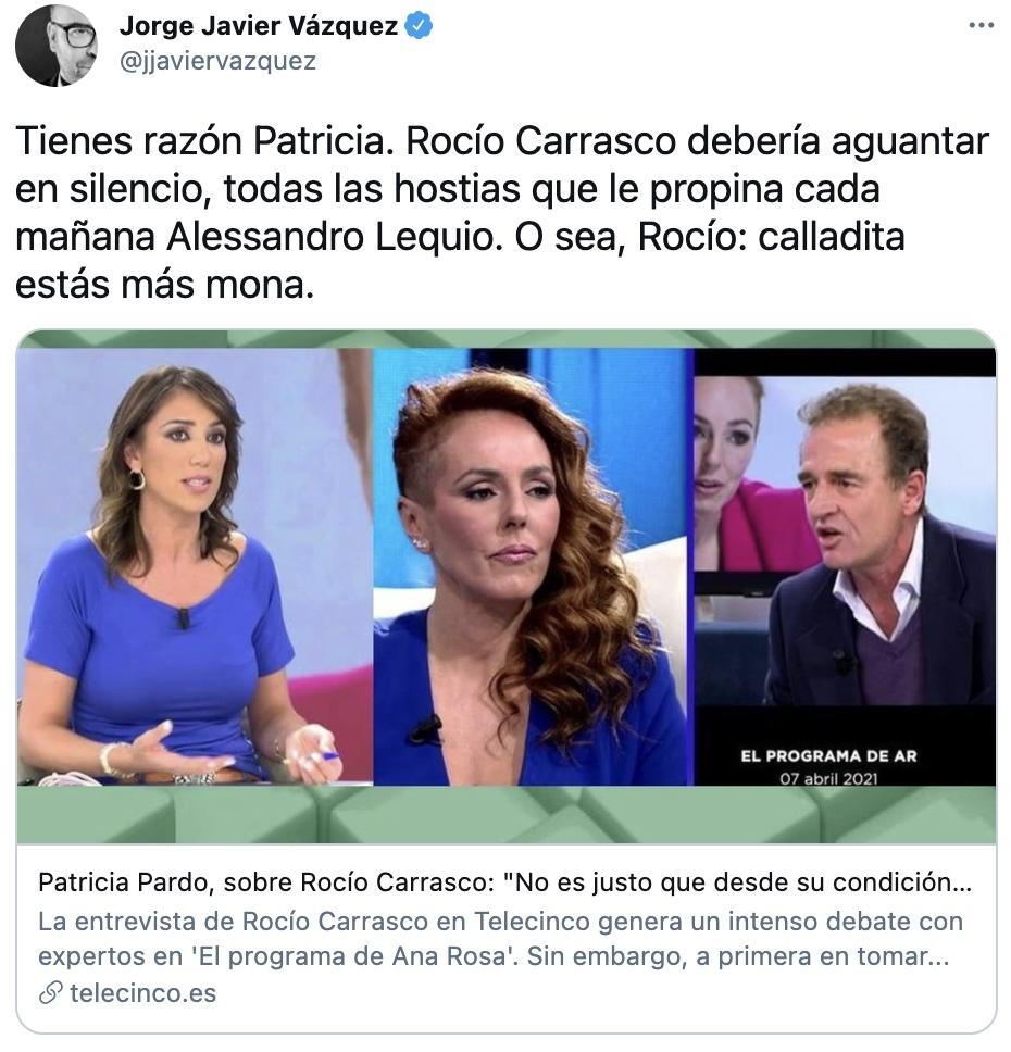 Tuit de Jorge Javier sobre Patricia Pardo y Lequio