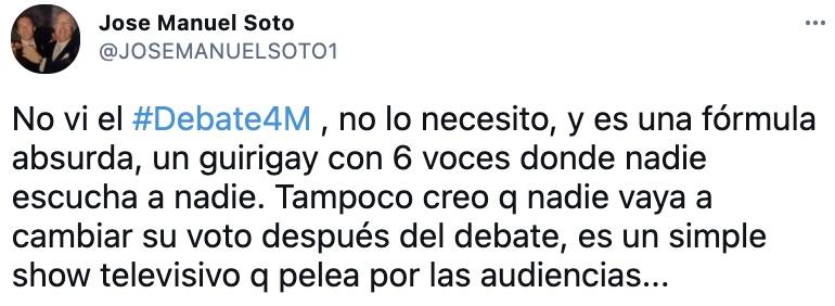 Tuit de Soto sobre los debates electorales