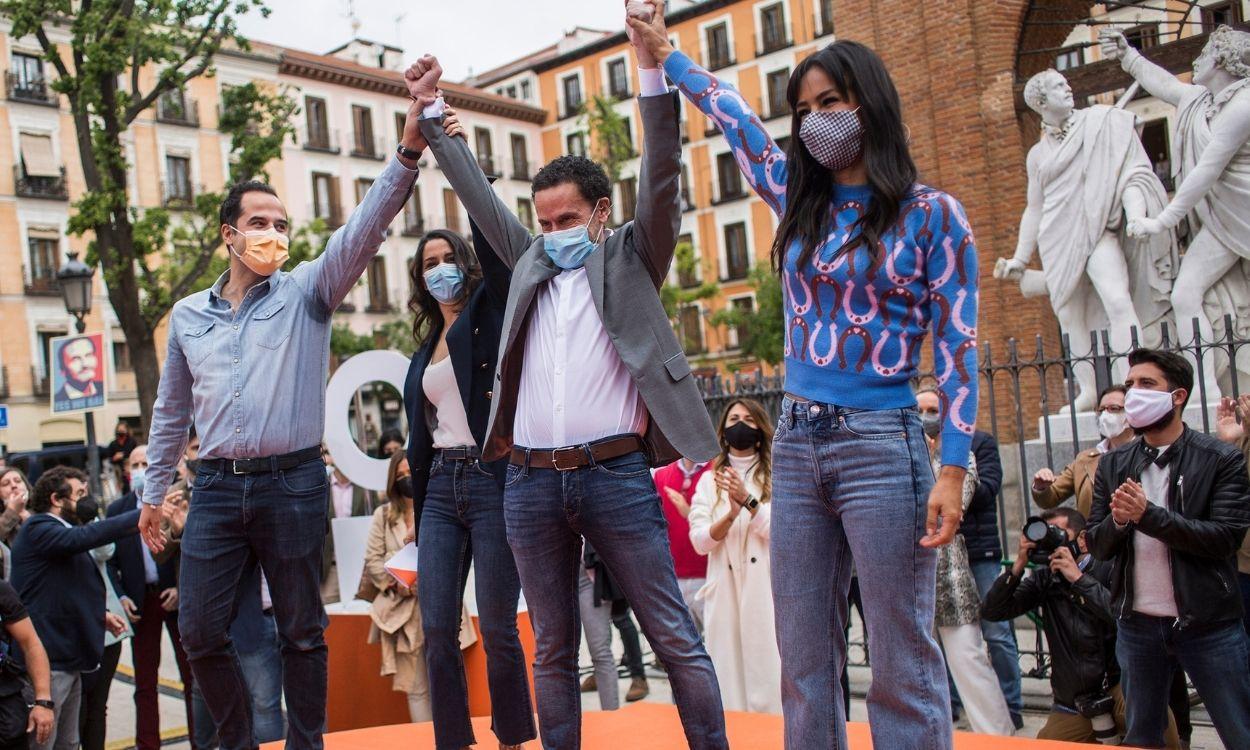 El exvicepresidente de la Comunidad de Madrid, Ignacio Aguado; la presidenta de Ciudadanos, Inés Arrimadas; el candidato del partido a la Presidencia de la Comunidad de Madrid, Edmundo Bal; la vicealcaldesa de Madrid