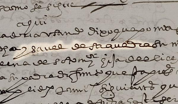Nombre de Isabel Saavedra, conservado en un documento de 1599 en el Archivo Histórico de Protocolos de Madrid Nombre de Isabel Saavedra, conservado en un documento de 1599 en el Archivo Histórico de Protocolos de Madrid