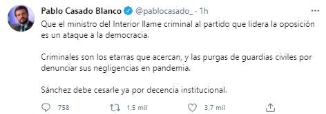 Mensaje de Casado sobre declaraciones de Marlaska