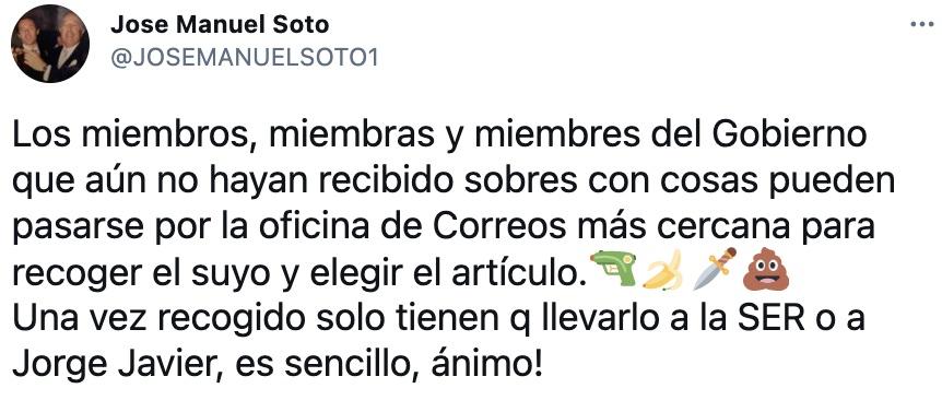 Tuit de José Manuel Soto bromeando con las amenazas de muerte