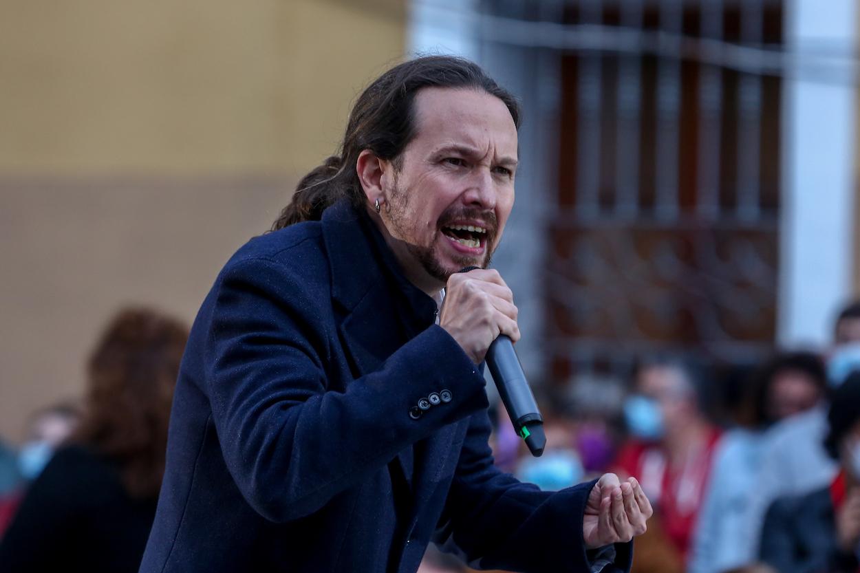 El candidato de Unidas Podemos a la Presidencia de la Comunidad, Pablo Iglesias durante un acto del partido a 23 de abril de 2021 en el distrito de Villaverde, en Madrid