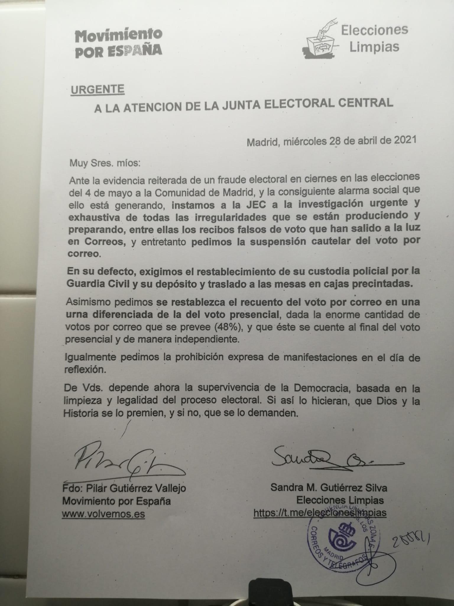 Carta de Pilar Gutiérrez a la Junta Electoral