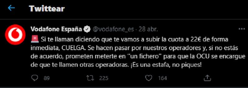 Tuit de Vodafone con su alerta Tuit de Vodafone con su alerta