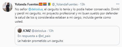 Respuesta de Yolanda Fuentes a un tuitero que le reprochó su participación en un vídeo en defensa de la Sanidad Pública Respuesta de Yolanda Fuentes a un tuitero que le reprochó su participación en un vídeo en defensa de la Sanidad Pública