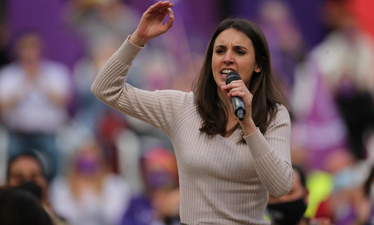 La ministra de Igualdad, Irene Montero, durante un acto electoral de Unidas Podemos, a 30 de abril de 2021. EP