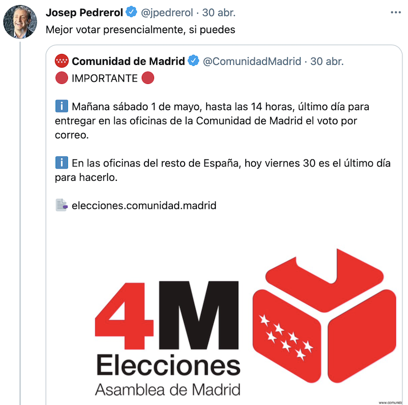 Tuit de Josel Pedrerol poniendo en duda el voto por correo Tuit de Josel Pedrerol poniendo en duda el voto por correo