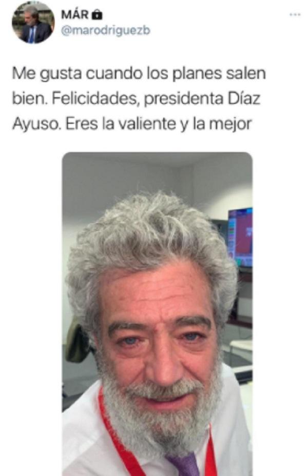 Tuit de Miguel Ángel Rodríguez, MAR, tras la victoria de Ayuso