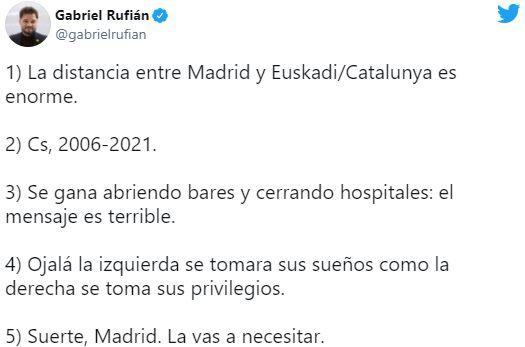 El tuit de Gabriel Rufián