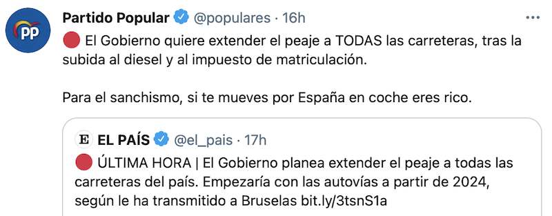 Tuit del PP contra la iniciativa del Gobierno de cobrar peaje en autovías