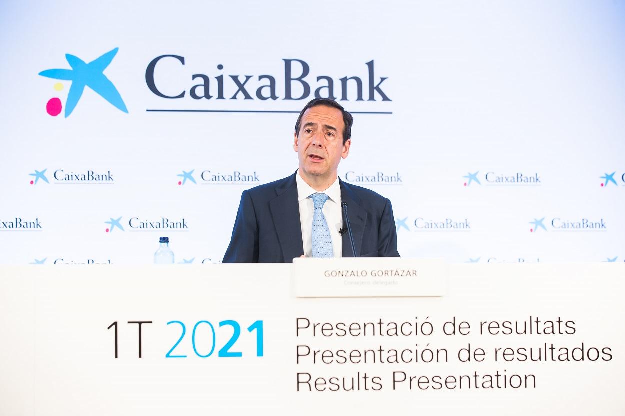 El consejero delegado de CaixaBank, Gonzalo Gortázar, durante la presentación de resultados del primer trimestre