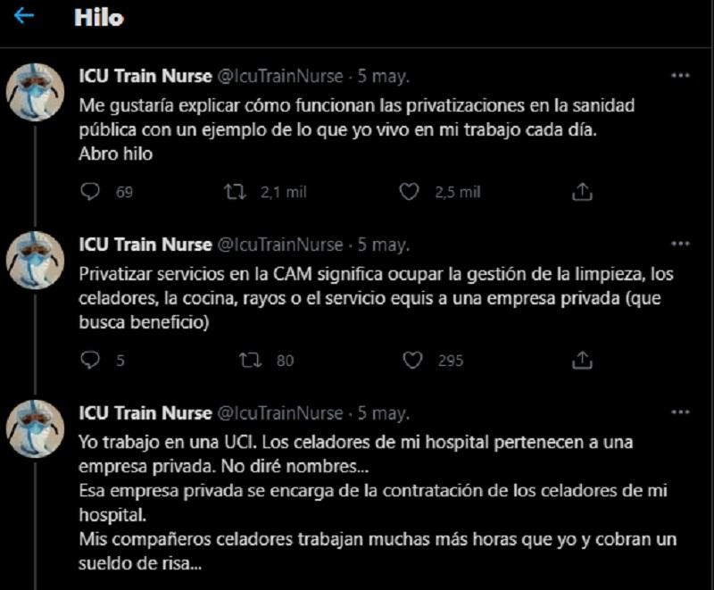 Tuit de una enfermera que denuncia los efectos de la privatización de la sanidad