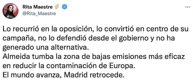 Tuit de Rita Maestre sobre Madrid Central