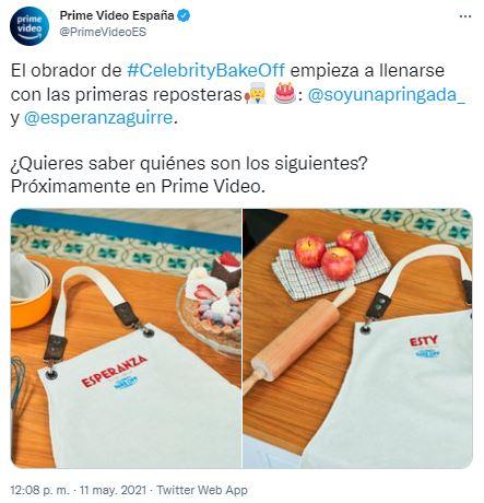 Tuit de Amazon Prime Video anunciando a Esperanza Aguirre y Esty Quesada como nuevas concursantes de Celebrity Bake Off