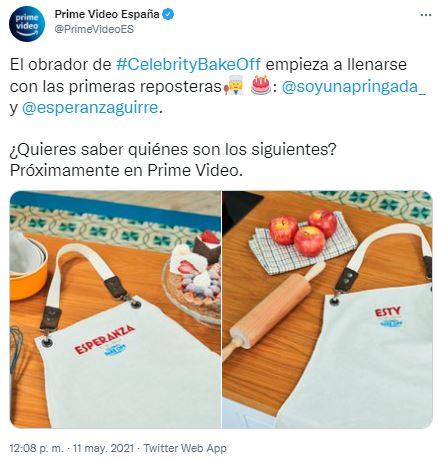 Tuit de Amazon Prime Video anunciando a Esperanza Aguirre y Esty Quesada como nuevas concursantes de Celebrity Bake Off Tuit de Amazon Prime Video anunciando a Esperanza Aguirre y Esty Quesada como nuevas concursantes de Celebrity Bake Off