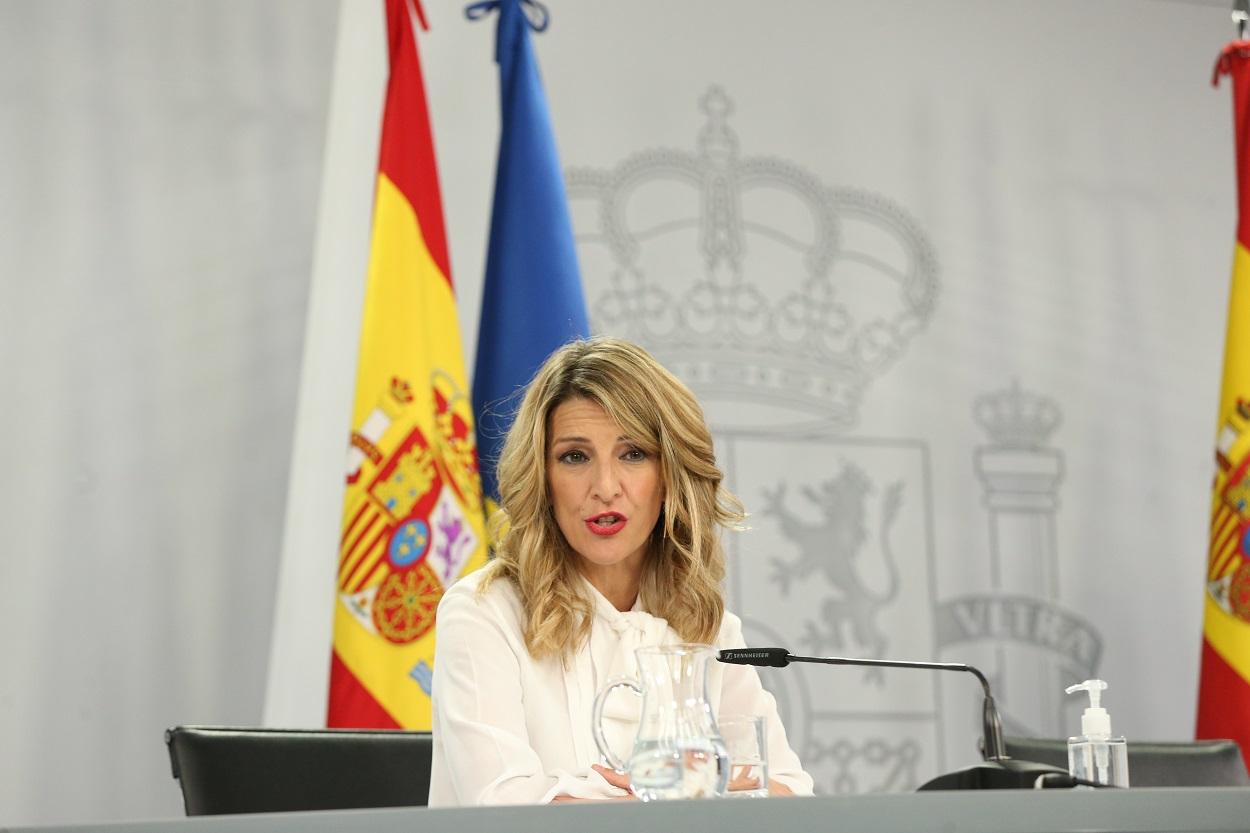 La ministra de Trabajo, Yolanda Díaz, en la rueda de prensa posterior al Consejo de Ministros. Europa Press