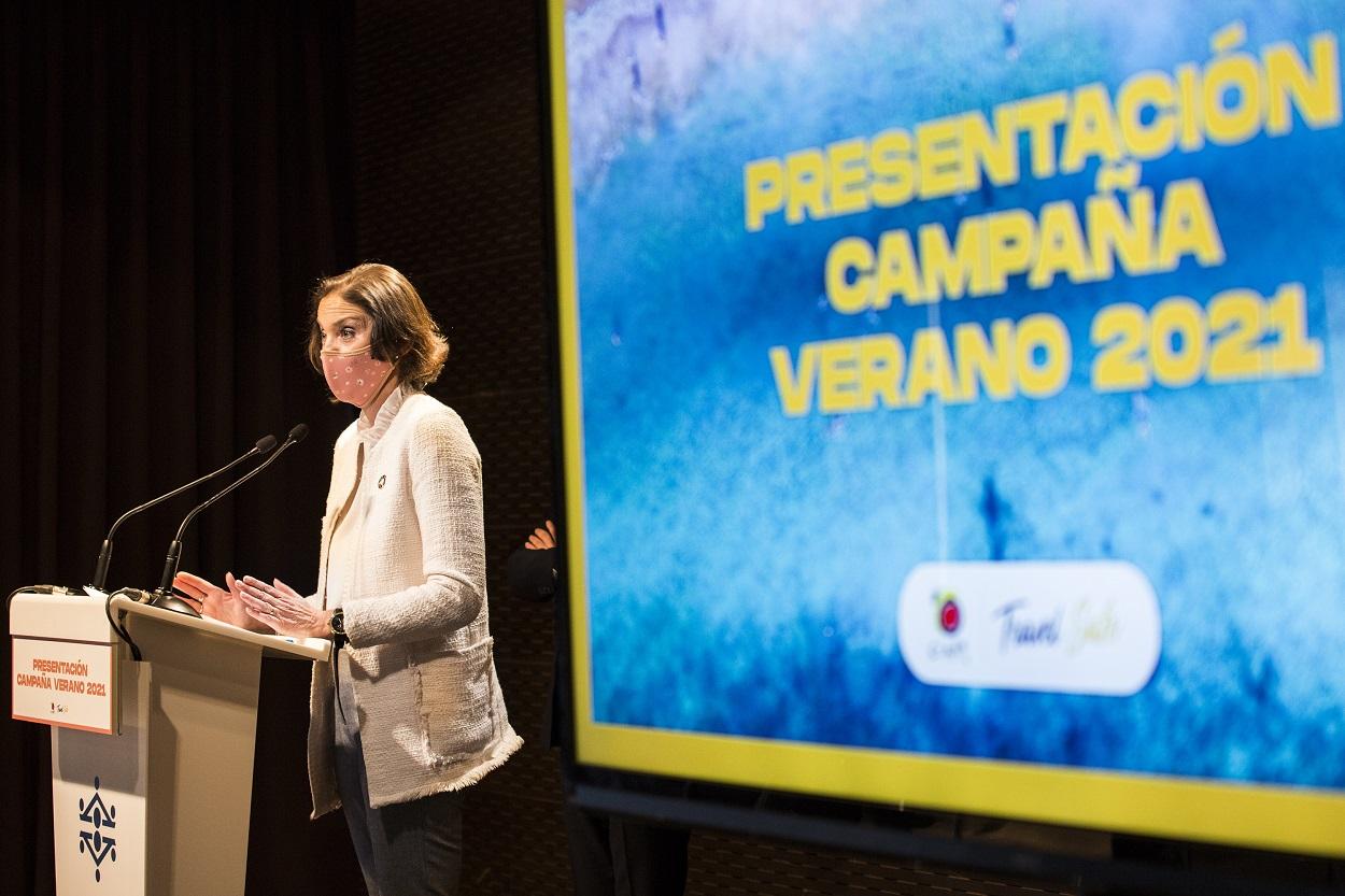 La ministra de Industria, Comercio y Turismo, Reyes Maroto, durante la presentación de la campaña turística. Europa Press
