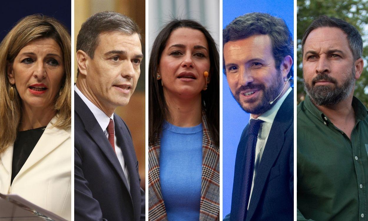 Yolanda Díaz, Pedro Sánchez, Inés Arrimadas, Pablo Casado y Santiago Abascal