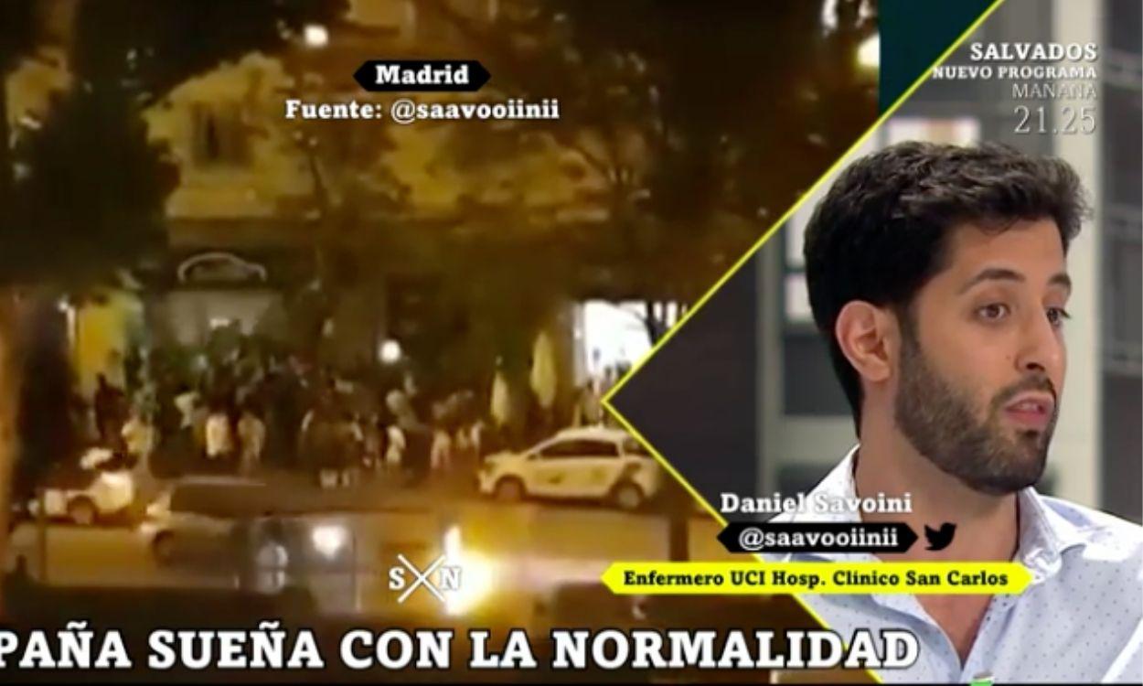 Daniel Savoini, enfermero, grabó desde la UCI del Hospital Clínico San Carlos de Madrid el botellón que un grupo de jóvenes hacían justo enfrente de las instalaciones sanitarias