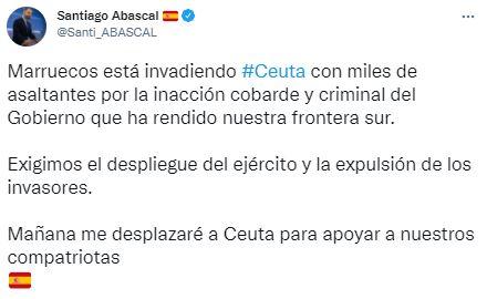 Tuit de Abascal sobre la crisis migratoria de Ceuta