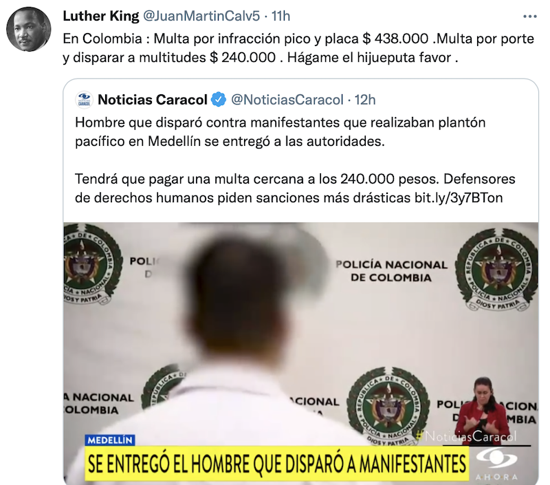 Tuit lamentando la multa del hombre que disparó en Medellín
