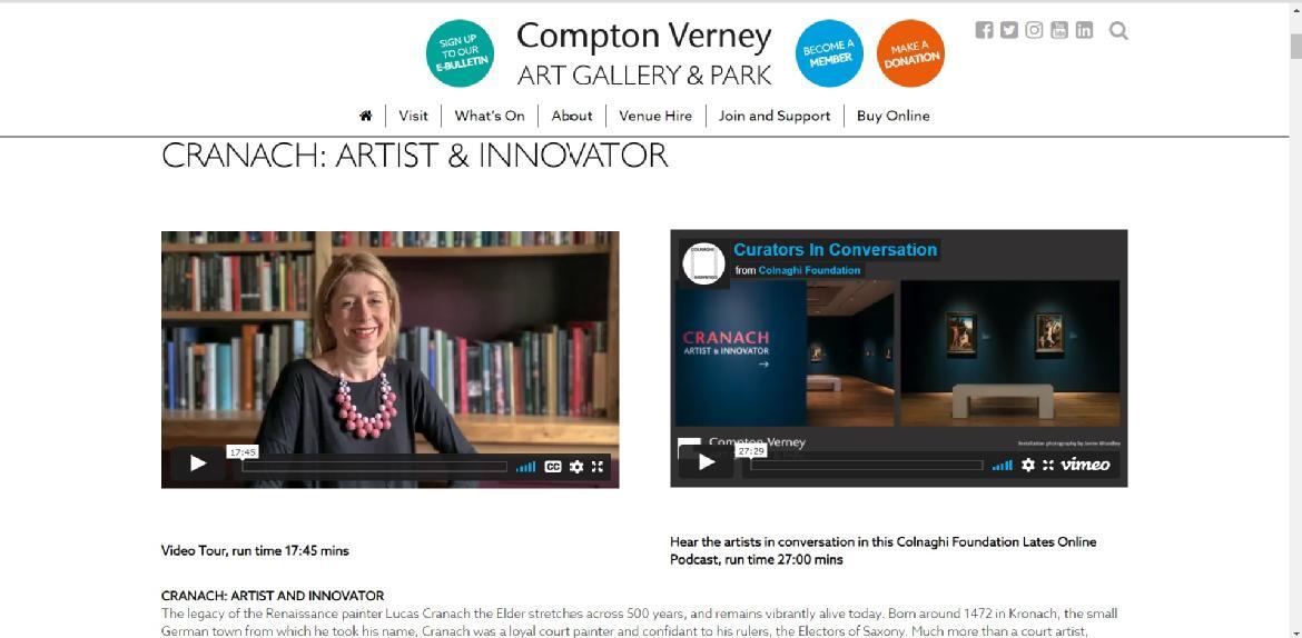Página de inicio de Compton Verney para la exposición de Cranach que se inauguró en marzo de 2020 Crédito: Compton Verney