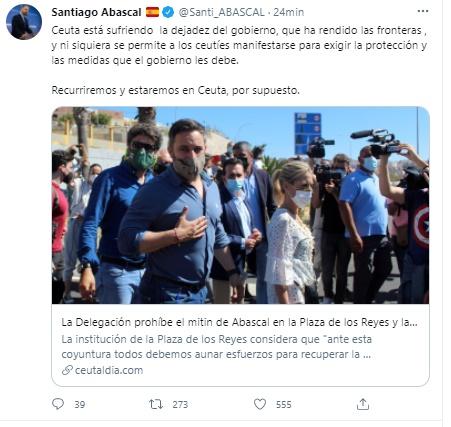 Mensaje de Abascal sobre la prohibición de su mitin en Ceuta