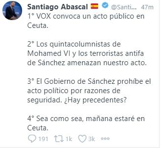 Mensaje de Abascal insistiendo en que estará en Ceuta