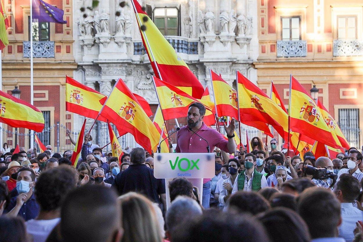 El líder ultra Santiago Abascal, en un mitin a las puertas de San Telmo. MARÍA JOSÉ LÓPEZ/EP