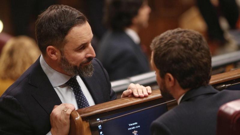 Pablo Casado y Santiago Abascal conversan en el Congreso. Europa Press. 