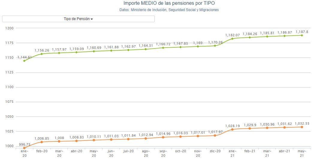 Gráfico importe medio pensiones. Porcentual